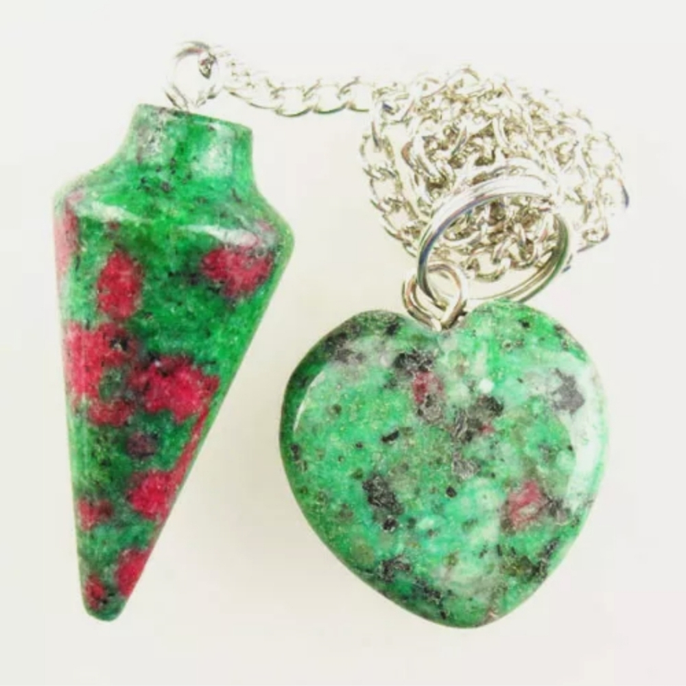 New Heart Shaped Ruby in Fuchsite Pendulum Silver Pendant.
